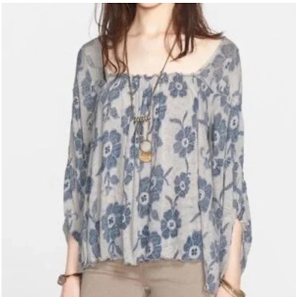 Free People Grey and Blue Floral Peasant Boho Top, MEDIUM, used good condition - Picture 1 of 6